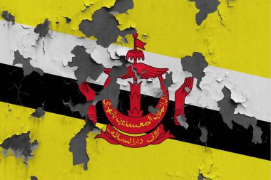 Brunei bayrağı, beton yüzeyi görmek için boyalı, hasarlı ve kirli duvar boyası soyuluyor. Klasik Ulusal Konsept.