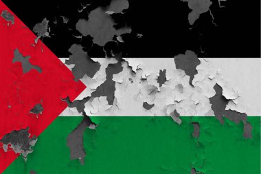 Filistin bayrağı, beton yüzeyi görmek için boyalı, hasarlı ve kirlenmiş bir şekilde duvarın üzerinde soyuluyor. Klasik Ulusal Konsept.