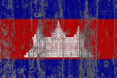 Grunge üzerindeki Kamboçya bayrağı ahşap yüzeyi çizmiş. Ulusal klasik arka plan. Eski tahta masa bayrak yüzeyini çizmiş..