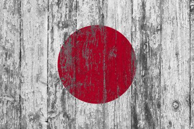 grunge üzerindeki Japonya bayrağı ahşap yüzeyi çizdi. Ulusal klasik arka plan. Eski tahta masa bayrak yüzeyini çizmiş..