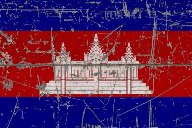 Çatlamış kirli yüzeye Kamboçya bayrağı çizilmiş. Klasik stil yüzeyinde ulusal model. Çizilmiş ve yıpranmış konsept.