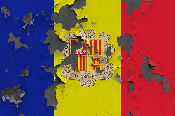 Bandeira Andorra Fechar Pintado Danificado Sujo Parede Descascando Tinta Para — Fotografia de Stock