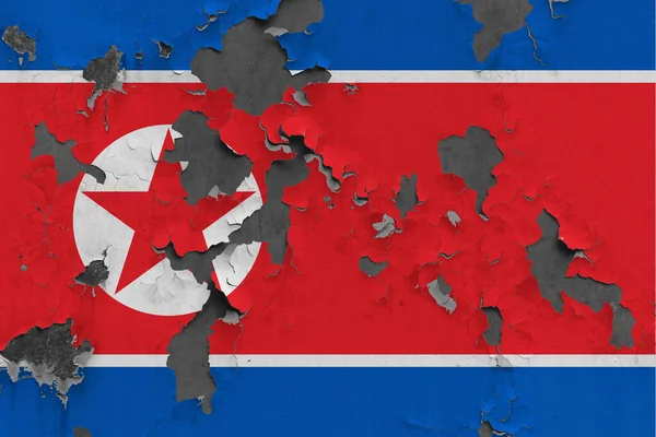 Bandiera Nordcoreana Vicino Dipinta Danneggiata Sporca Sulla Parete Staccando Vernice — Foto Stock
