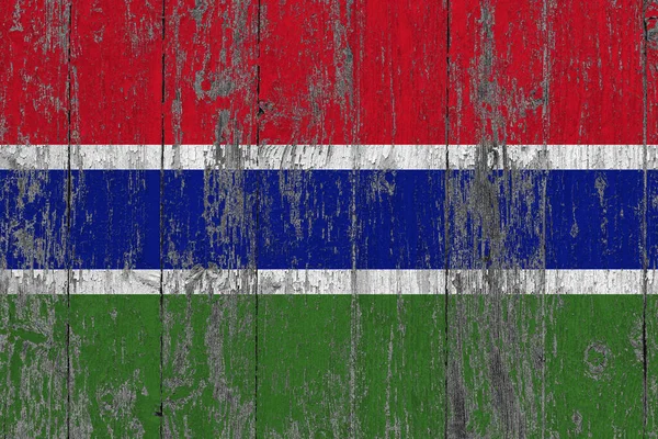 Gambia Flagge Auf Zerkratzter Holzoberfläche Nationaler Vintage Hintergrund Alter Holztisch — Stockfoto
