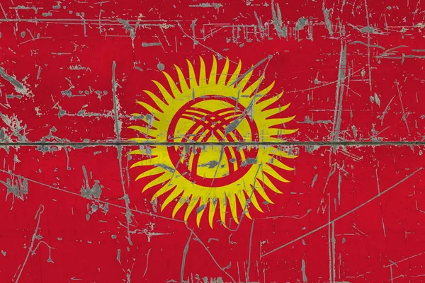 Kirgizisztán Zászló Festett Repedt Piszkos Felületen Nemzeti Minta Vintage Stílusú — Stock Fotó