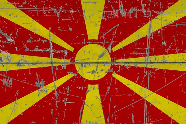Macedonie Vlag Geschilderd Gebarsten Vuil Oppervlak Nationaal Patroon Vintage Stijl — Stockfoto
