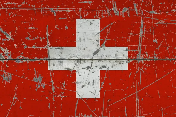 スイスの国旗が汚れた表面に描かれている ヴィンテージスタイルの表面上の国家パターン 傷と風化の概念 — ストック写真