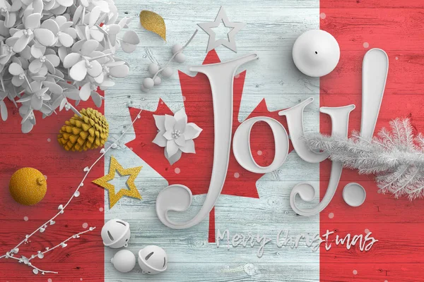 Σημαία Καναδά Ξύλινο Τραπέζι Κείμενο Joy Χριστούγεννα Και Νέο Έτος — Φωτογραφία Αρχείου