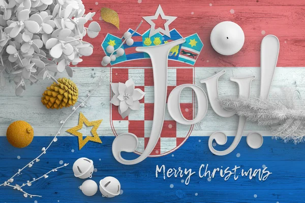 Chorvatská Vlajka Dřevěném Stole Radostným Textem Vánoční Nový Rok Pozadí — Stock fotografie