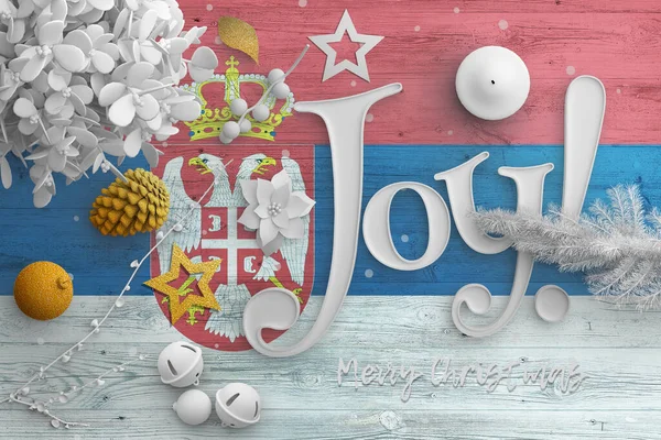 Srbská Vlajka Dřevěném Stole Radostným Textem Vánoční Nový Rok Pozadí — Stock fotografie