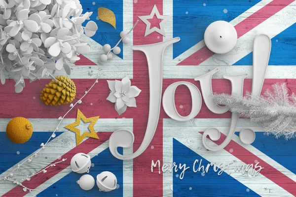United Kingdom flag on wooden table with joy text. Christmas and new year background, celebration national concept with white decor.