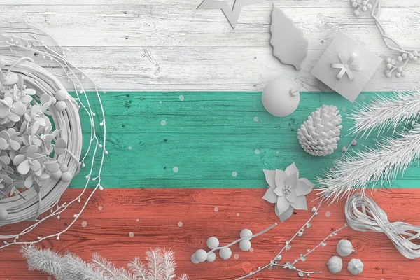 Bulgaria Flag Wooden Table Snow Objects Christmas New Year Background — Stock Photo, Image