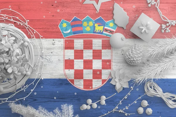 Croatia Flag Wooden Table Snow Objects Christmas New Year Background — Stock Photo, Image