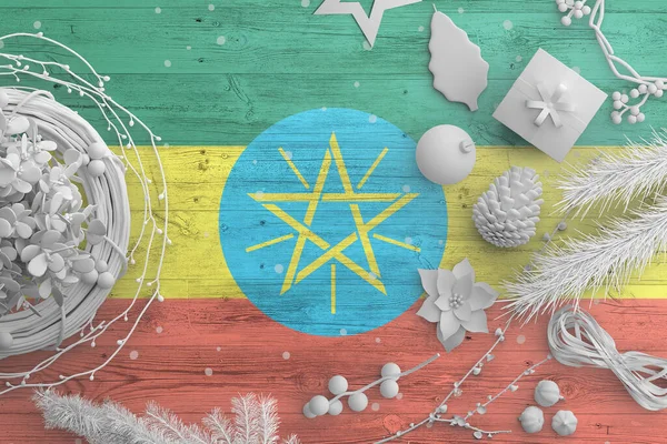 Bandera Etiopía Sobre Mesa Madera Con Objetos Nieve Navidad Año — Foto de Stock