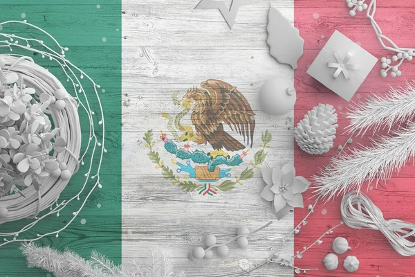 Bandera México Sobre Mesa Madera Con Objetos Nieve Navidad Año —  Fotos de Stock