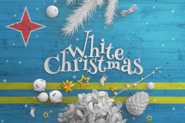 Aruba flag on wooden table with White Christmas text. Christmas and new year background, celebration national concept with white decor. clipart