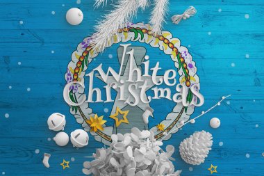 Kuzey Mariana Adaları bayrağı ahşap masada, üzerinde Beyaz Noel metni var. Yılbaşı ve yeni yıl arkaplanı, ulusal konsepti beyaz dekor ile kutlamak.