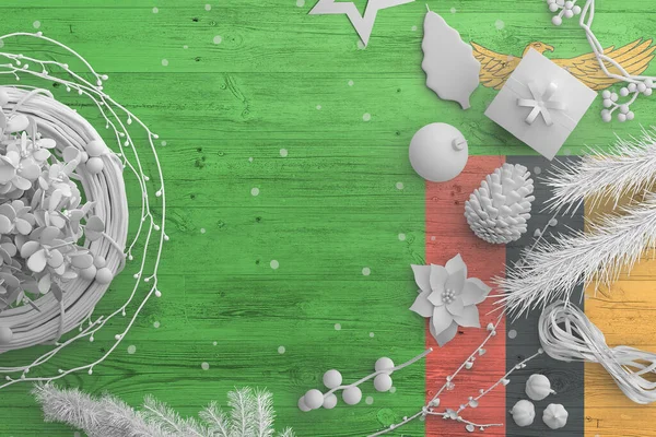 Bandera Zambia Sobre Mesa Madera Con Objetos Nieve Navidad Año — Foto de Stock