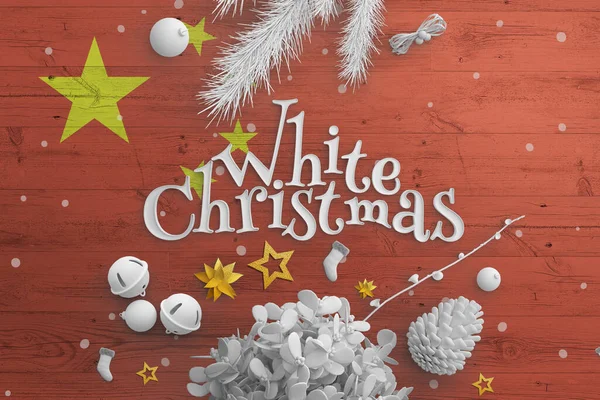 中国国旗挂在木制桌子上 上面印有白色圣诞字样 圣诞和新年背景 用白色装饰庆祝国家概念 — 图库照片