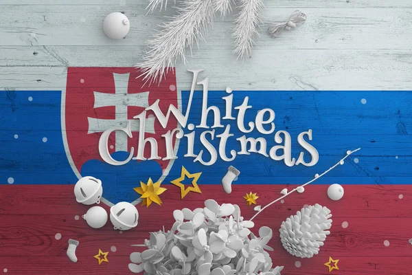 Slovakia Flag Wooden Table White Christmas Text Christmas New Year — Stock Photo, Image