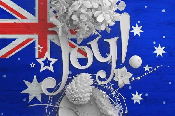 澳大利亚国旗挂在木制桌子上 上面写着乔伊的文字 圣诞和新年背景 用白色装饰庆祝国家概念 — 图库照片