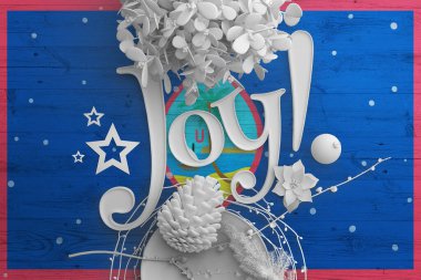 Guam bayrağı ahşap masada, Joy metniyle. Yılbaşı ve yeni yıl arkaplanı, ulusal konsepti beyaz dekor ile kutlamak.