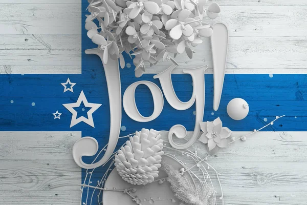 Finnland Fahne Auf Holztisch Mit Joy Text Weihnachten Und Neujahr — Stockfoto