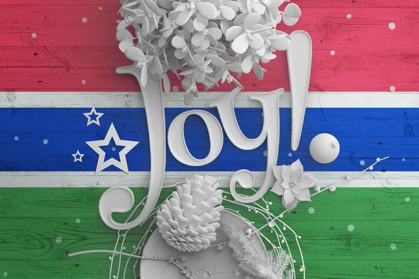 Gambijská Vlajka Dřevěném Stole Textem Joy Vánoční Nový Rok Pozadí — Stock fotografie