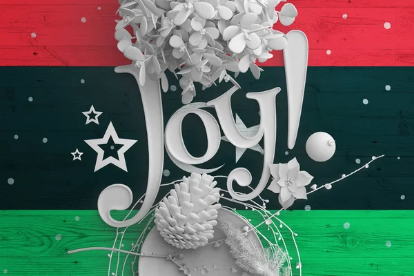 Σημαία Λιβύης Ξύλινο Τραπέζι Κείμενο Joy Χριστούγεννα Και Νέο Έτος — Φωτογραφία Αρχείου