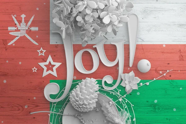 Oman Vlag Houten Tafel Met Joy Tekst Kerst Nieuwjaar Achtergrond — Stockfoto