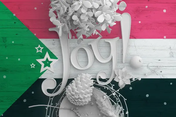 Súdánská Vlajka Dřevěném Stole Textem Joy Vánoční Nový Rok Pozadí — Stock fotografie