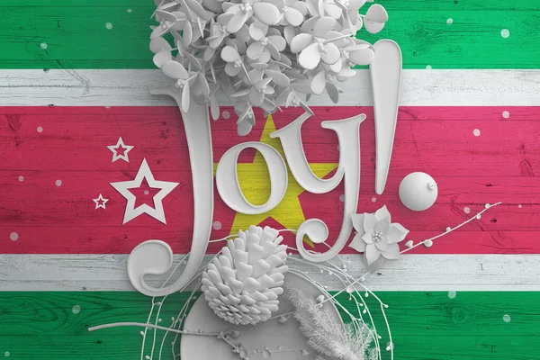 Surinaamse Vlag Houten Tafel Met Joy Tekst Kerst Nieuwjaar Achtergrond — Stockfoto