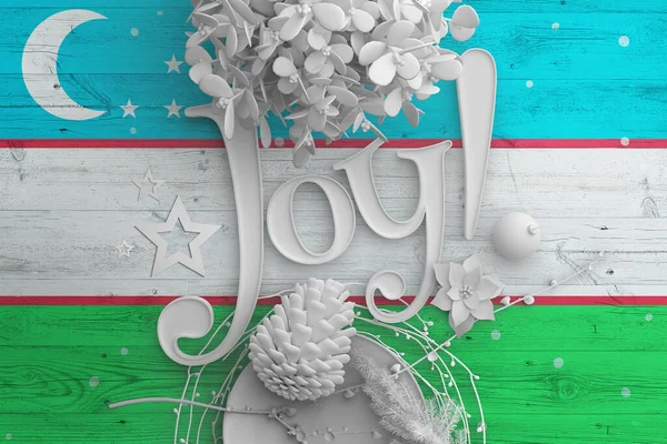 Uzbekistan Flag Wooden Table Joy Text Christmas New Year Background — Stock Photo, Image