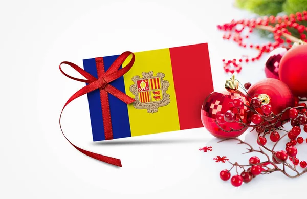 Bandera Andorra Tarjeta Invitación Año Nuevo Con Concepto Adornos Navidad — Foto de Stock