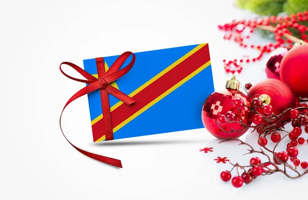 Congo Vlag Nieuwjaar Uitnodiging Kaart Met Rode Kerst Ornamenten Concept — Stockfoto