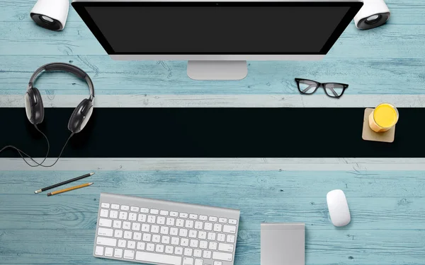 Botswana flag background with headphone,computer keyboard and mouse on national office desk table.Top view with copy space.Flat Lay.