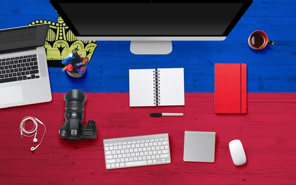 Liechtenstein Flag Background Headphone Camera Notebook Mouse National Office Desk — Stock Photo, Image