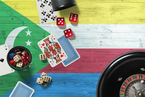 Tema Del Casino Comoras Ases Juego Póquer Cartas Fichas Mesa — Foto de Stock