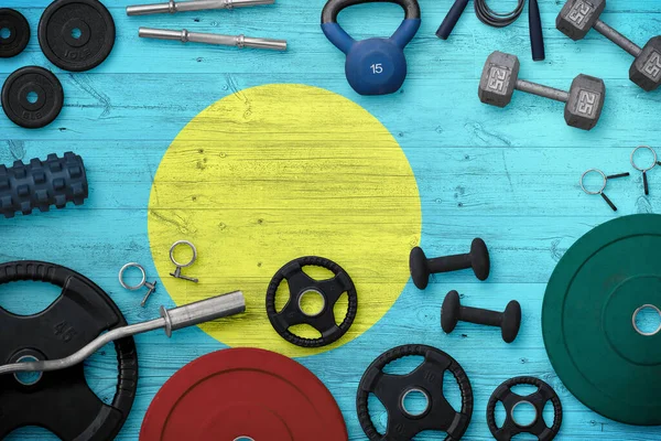 Palau spor ve spor konsepti. Ulusal arkaplanda demir çubuk bulunan ağır ağırlık plakalarının üst görünümü.