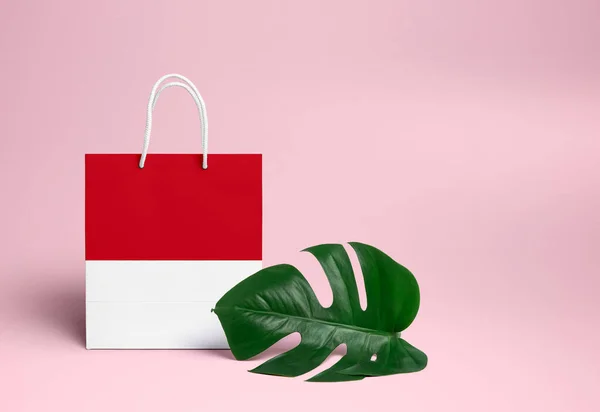 Concepto Compras Mónaco Bolsa Nacional Cartón Con Hoja Monstera Fondo — Foto de Stock