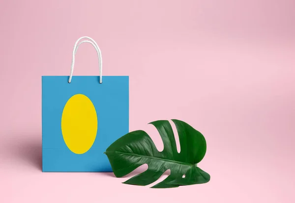 Concepto Compras Palau Bolsa Nacional Cartón Con Hoja Monstera Fondo — Foto de Stock