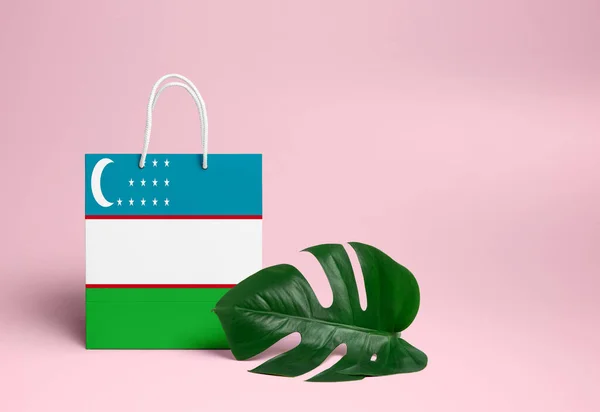 Koncepcja Zakupów Uzbekistanie Krajowa Tekturowa Torba Zakupy Liściem Monstery Różowym — Zdjęcie stockowe