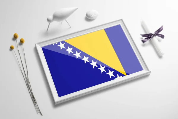 Bandera Bosnia Herzegovina Marco Madera Sobre Mesa Blanco Concepto Suave — Foto de Stock