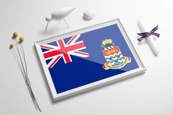 Bandera Las Islas Caimán Marco Madera Sobre Mesa Blanco Concepto — Foto de Stock