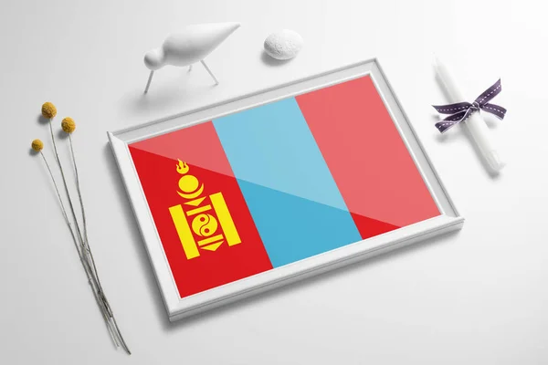 Bandera Mongolia Marco Madera Sobre Mesa Blanco Concepto Suave Natural — Foto de Stock