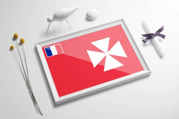 Bandera Wallis Futuna Marco Madera Sobre Mesa Blanco Concepto Suave — Foto de Stock