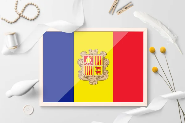 Andorra Flagg Treramme Hvit Kreativ Bakgrunn Hvitt Tema Fjær Tusenfryd – stockfoto