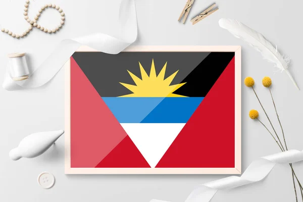 Bandera Antigua Barbuda Marco Madera Sobre Fondo Creativo Blanco Tema — Foto de Stock