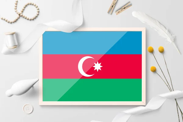 Bandera Azerbaiyán Marco Madera Sobre Fondo Creativo Blanco Tema Blanco — Foto de Stock
