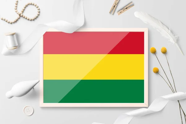 Bandera Bolivia Marco Madera Sobre Fondo Creativo Blanco Tema Blanco — Foto de Stock